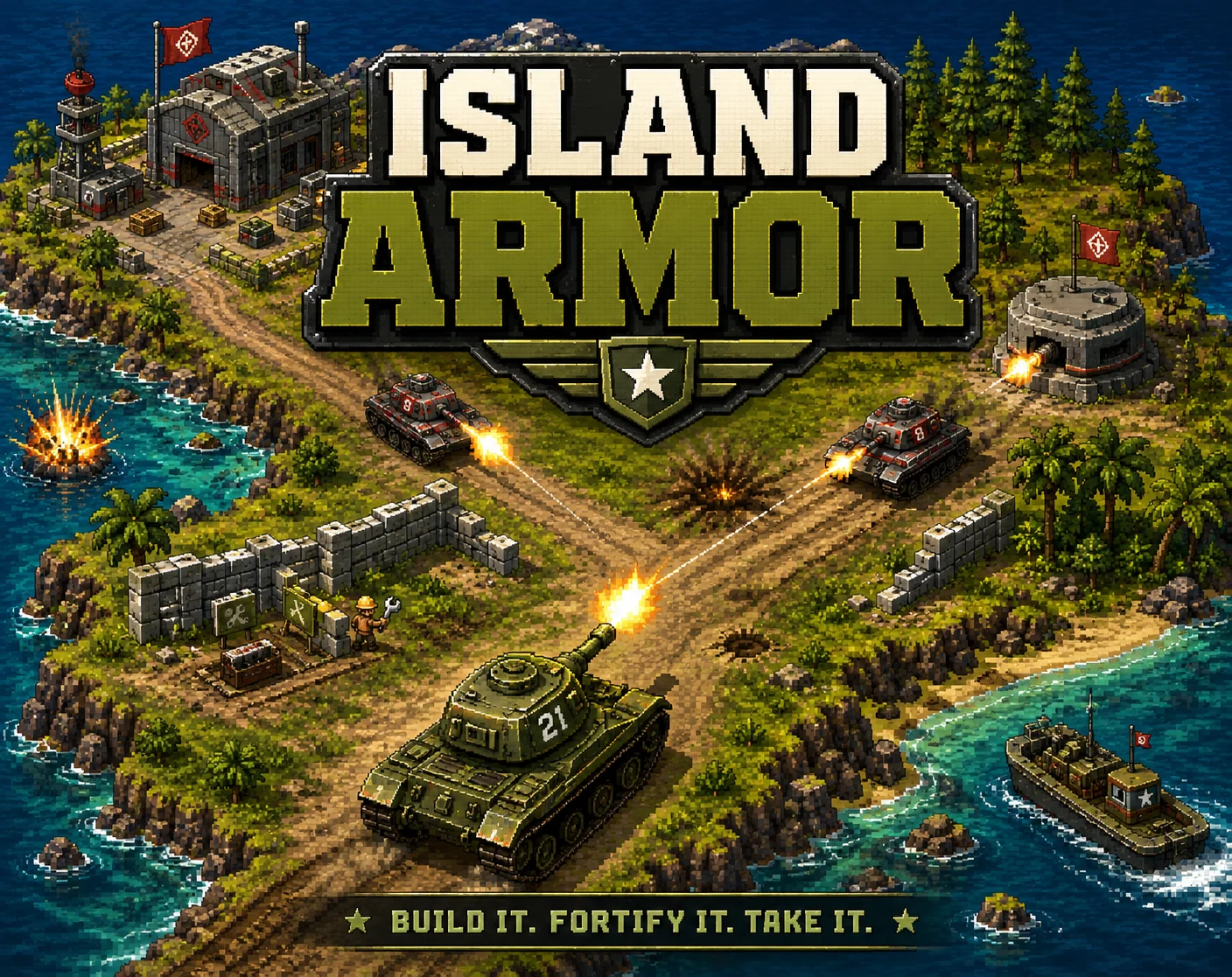 Island Armor battlefield with tanks, fortifications, engineer construction, and island terrain